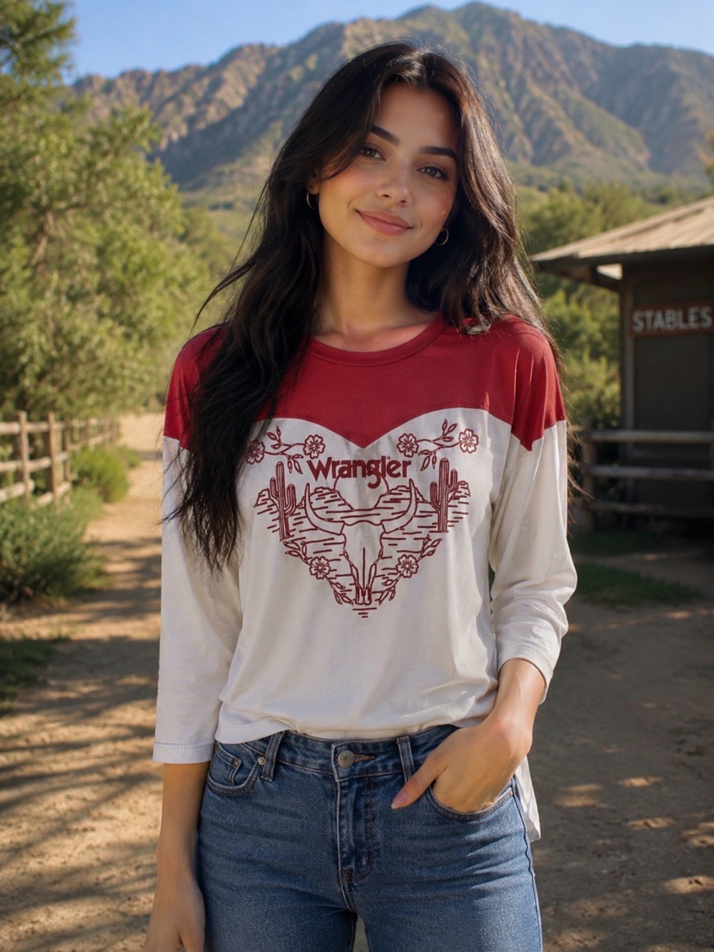 Wrangler Retro Women's Cow skull Desert T-Shirt Red & White Size Small
